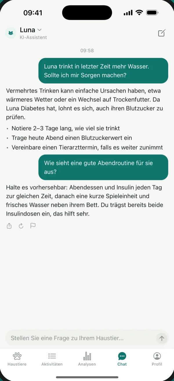PetVitals KI-Assistent beantwortet eine Frage anhand der Historie des Tieres