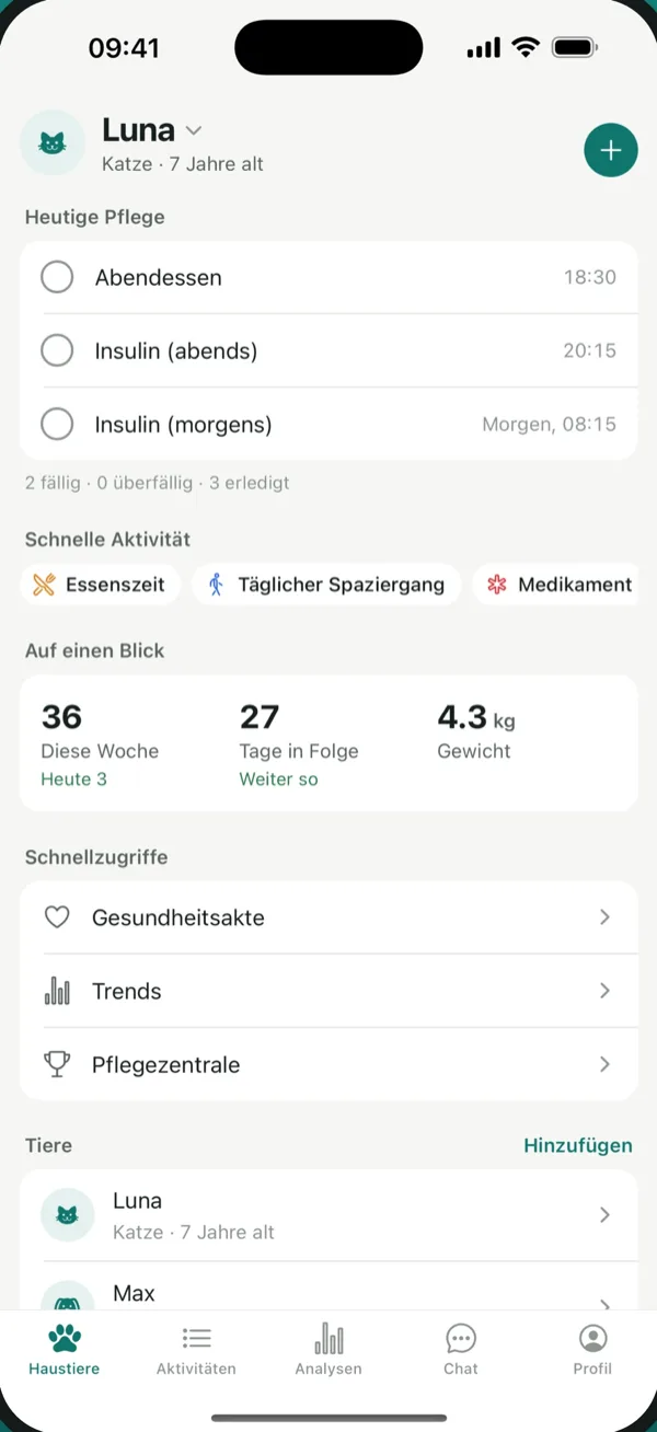 PetVitals Startbildschirm mit der heutigen Pflege-Checkliste und Schnelleintrag