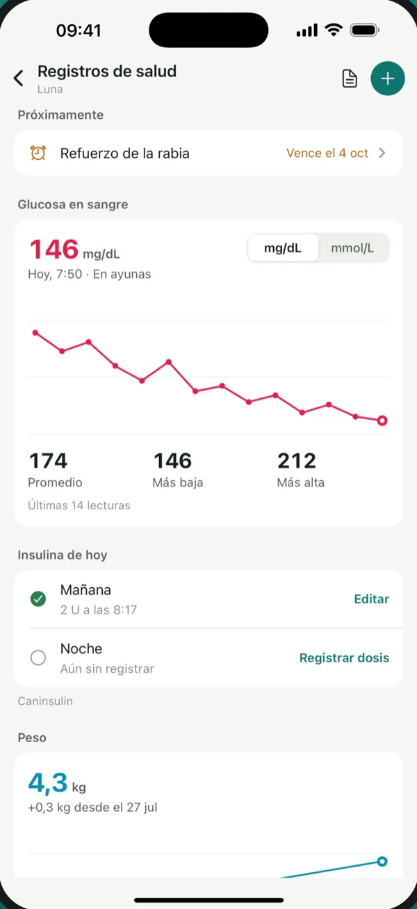 Historial de salud de PetVitals con gráfico de glucosa y registro de insulina