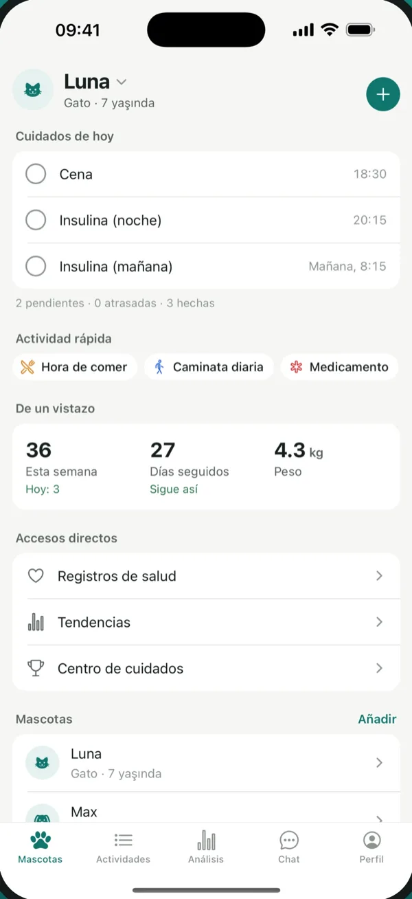Pantalla de inicio de PetVitals con la lista de cuidados de hoy y el registro rápido