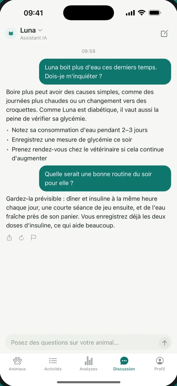 Assistant IA de PetVitals répondant à partir de l'historique de l'animal