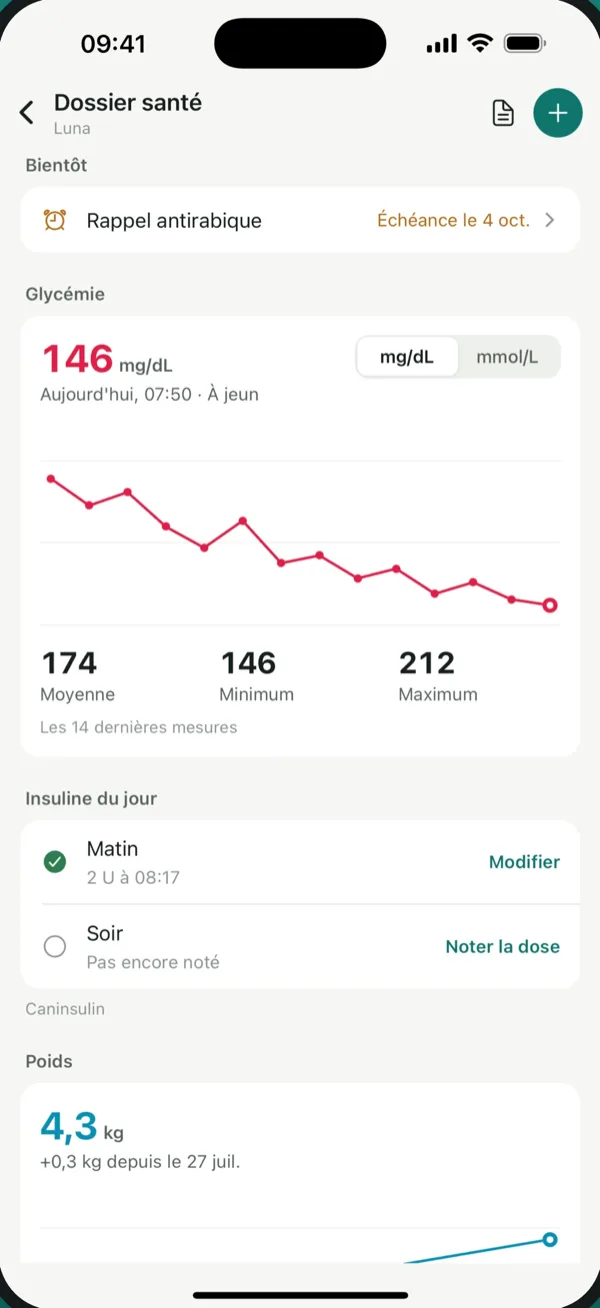 Carnet de santé PetVitals avec courbe de glycémie et suivi de l'insuline