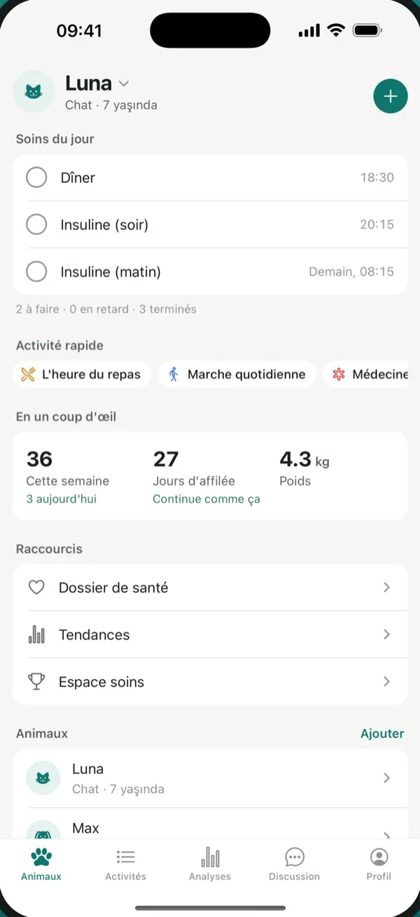 Écran d'accueil de PetVitals avec la liste des soins du jour et la saisie rapide