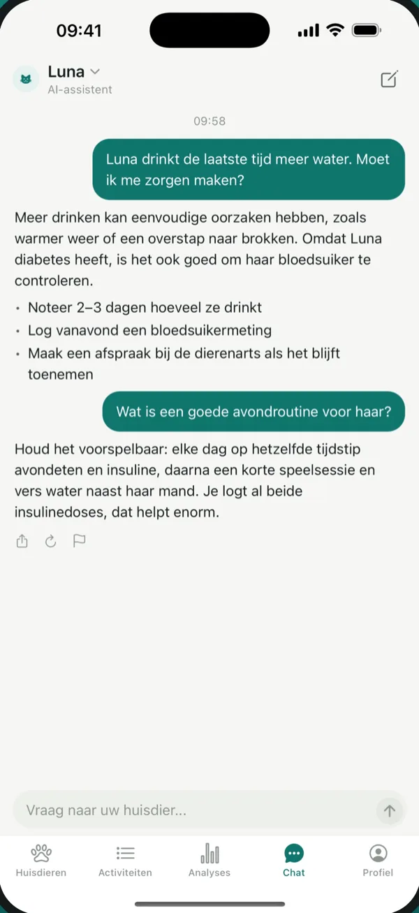 PetVitals AI-assistent beantwoordt een vraag op basis van de geschiedenis van het dier