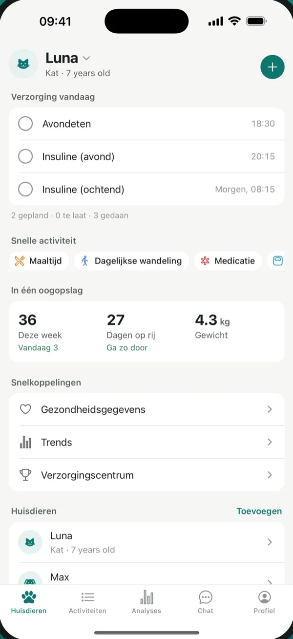 PetVitals startscherm met de verzorgingschecklist van vandaag en snel vastleggen