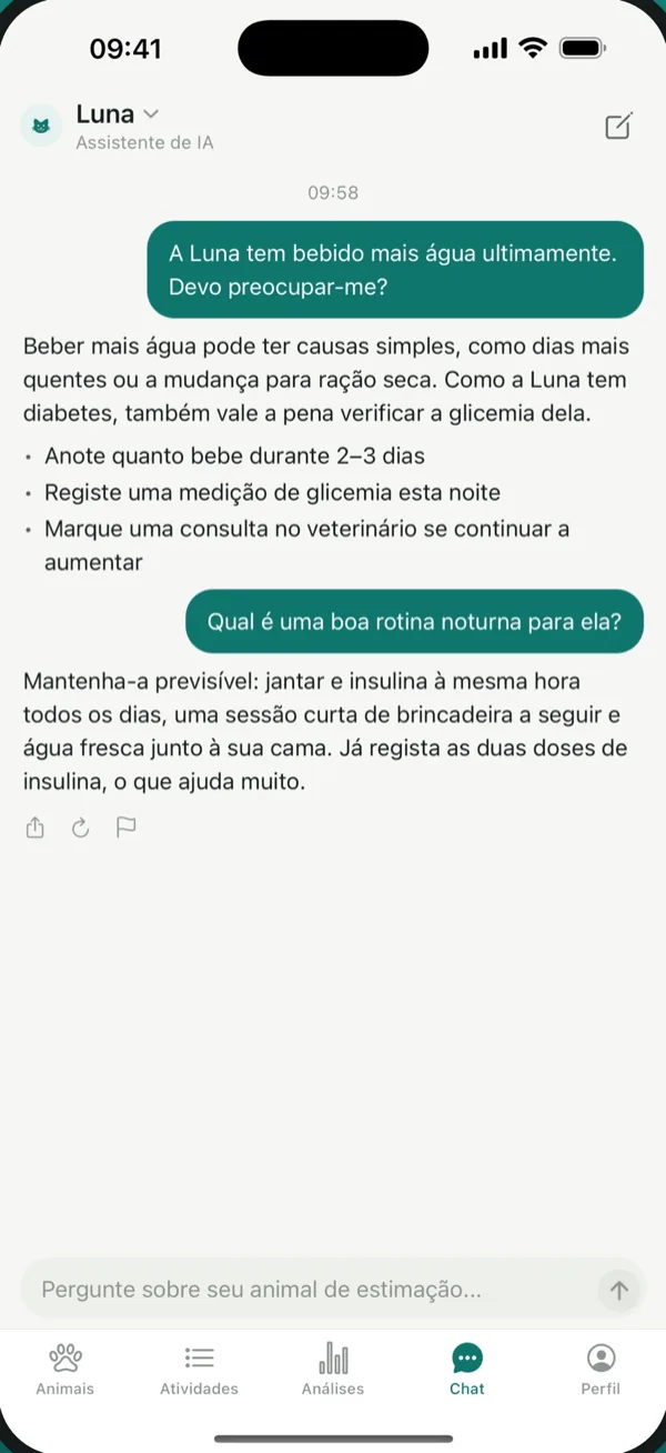 Assistente de IA do PetVitals a responder com base no histórico do animal