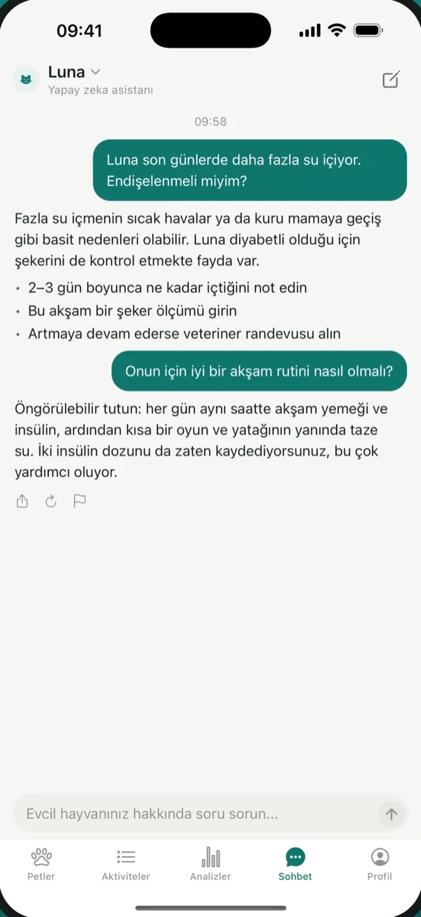 PetVitals AI asistanı dostun geçmişine göre yanıt veriyor