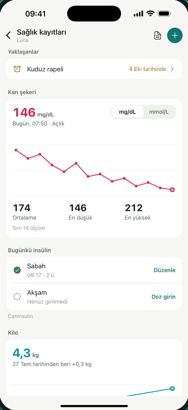 PetVitals sağlık kayıtları: kan şekeri grafiği ve insülin kaydı