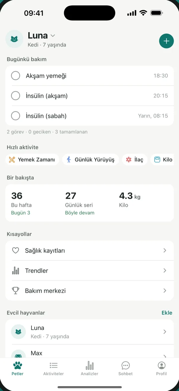 PetVitals ana ekranı: bugünün bakım listesi ve hızlı kayıt