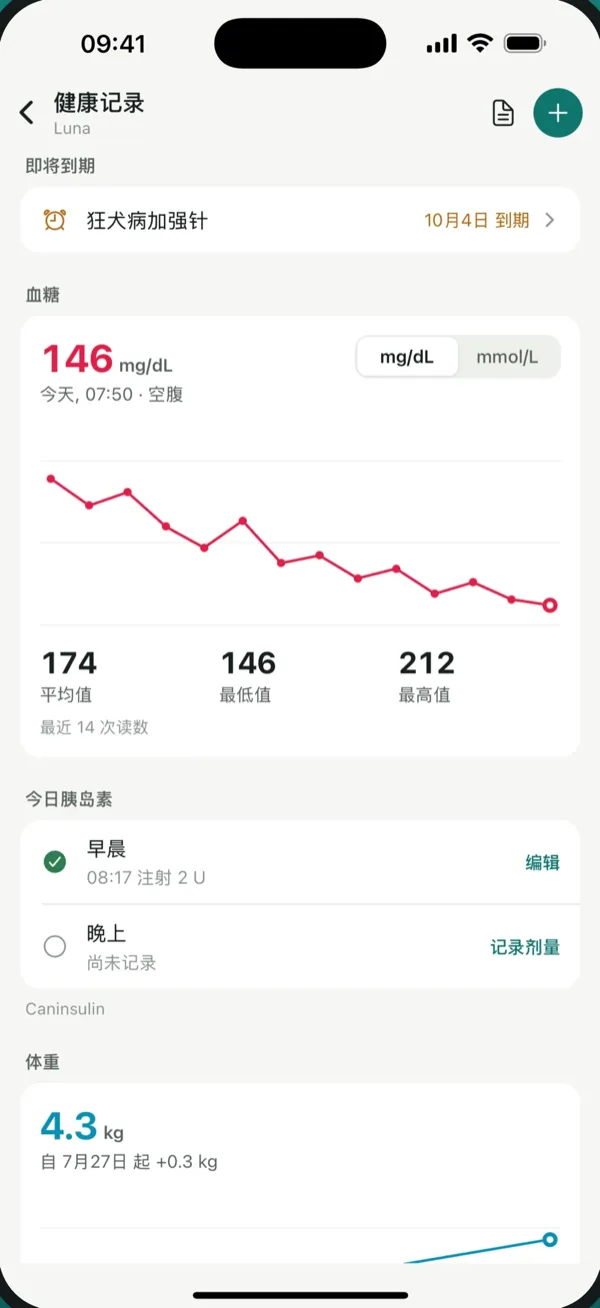 PetVitals 健康档案：血糖图表和胰岛素记录